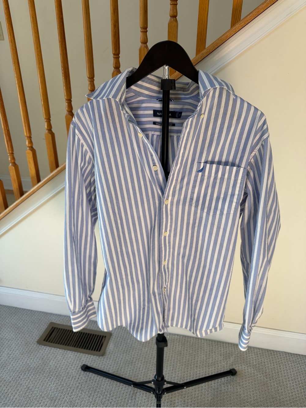 Nautica Blue and White Striped Casual Button-Down Shirt